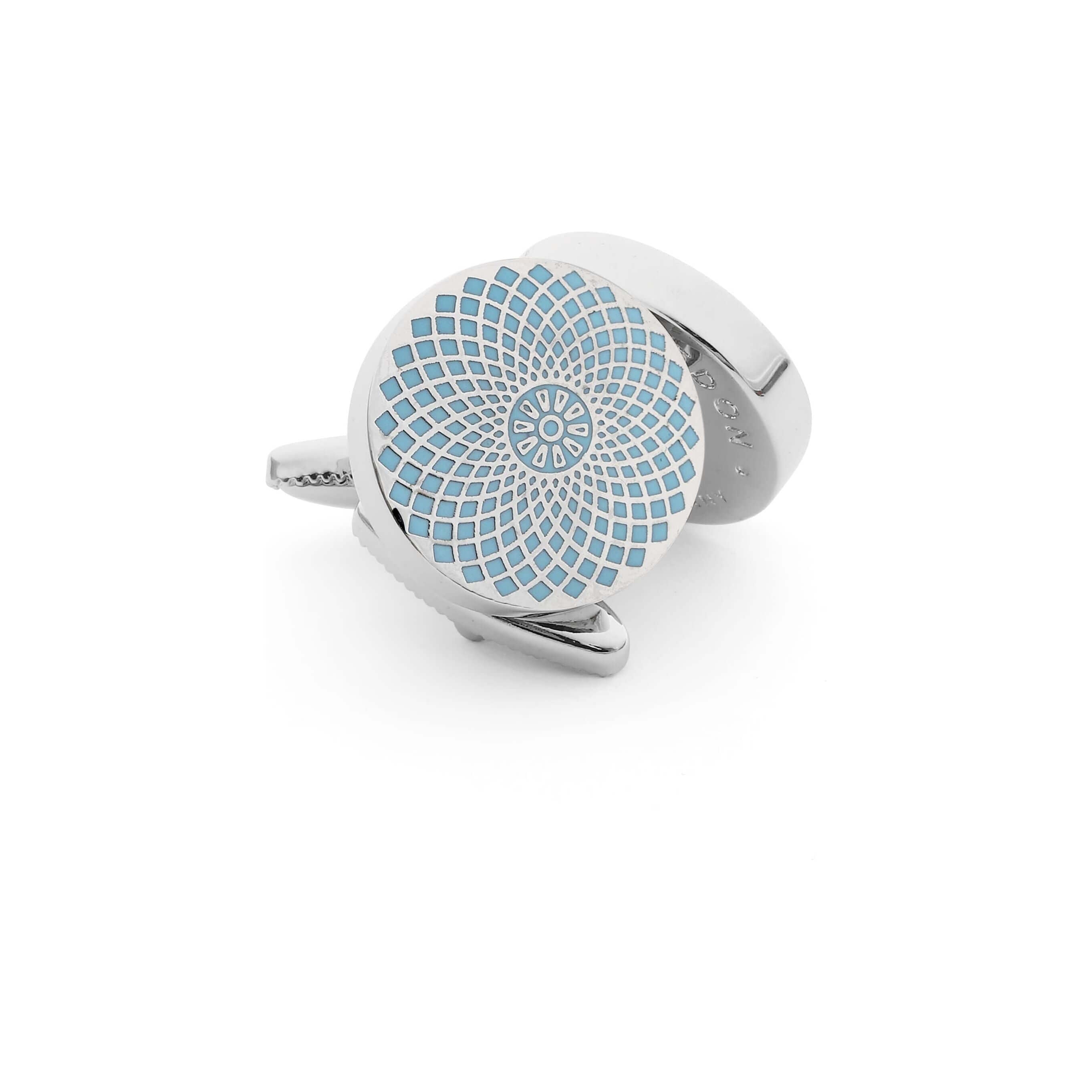 Silver and light blue Gherkin Cufflinks inspired by London's architectural marvel, featuring an intricate geometric design.