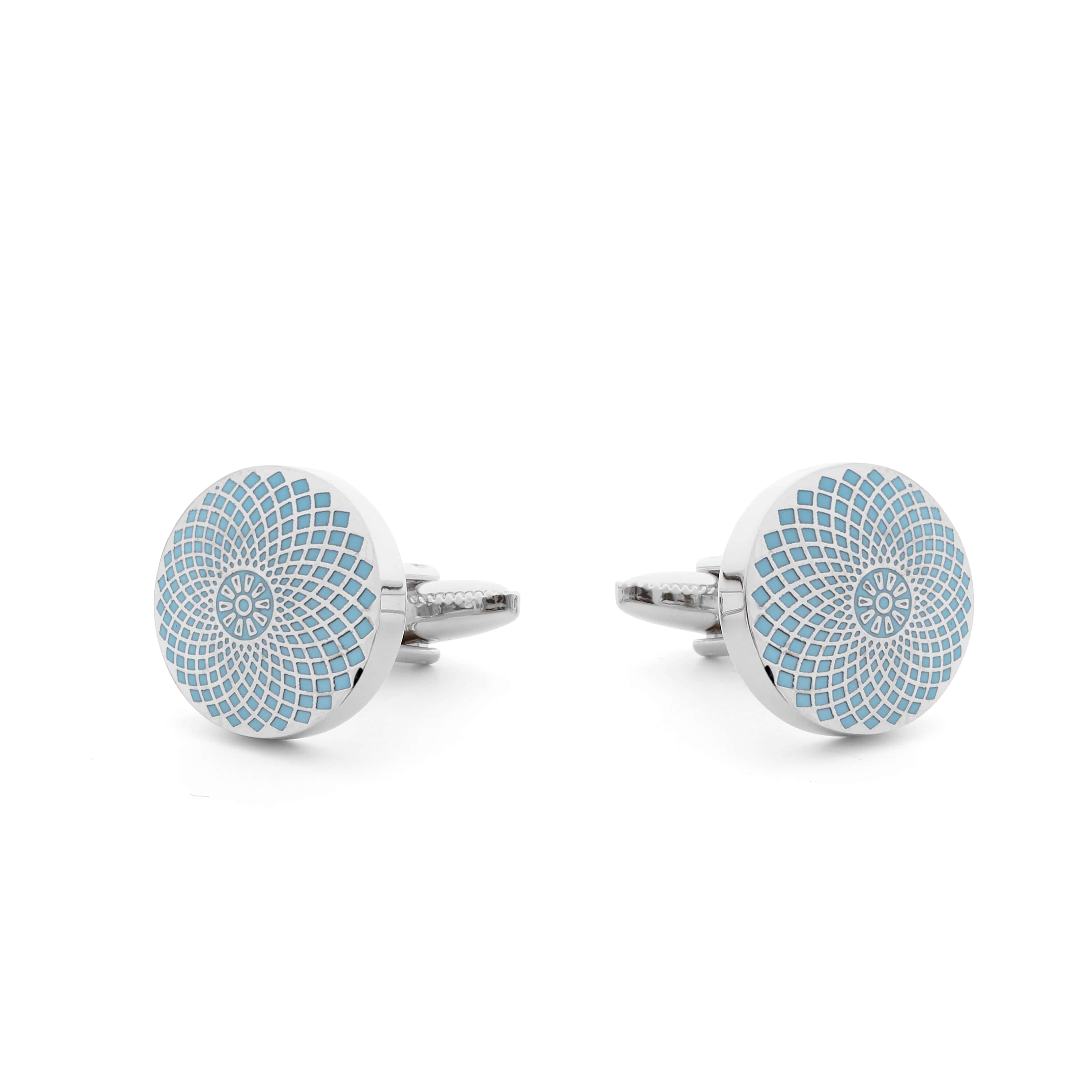 The Gherkin Cufflinks in silver and light blue, inspired by London's architectural marvel, featuring modern design and innovation.