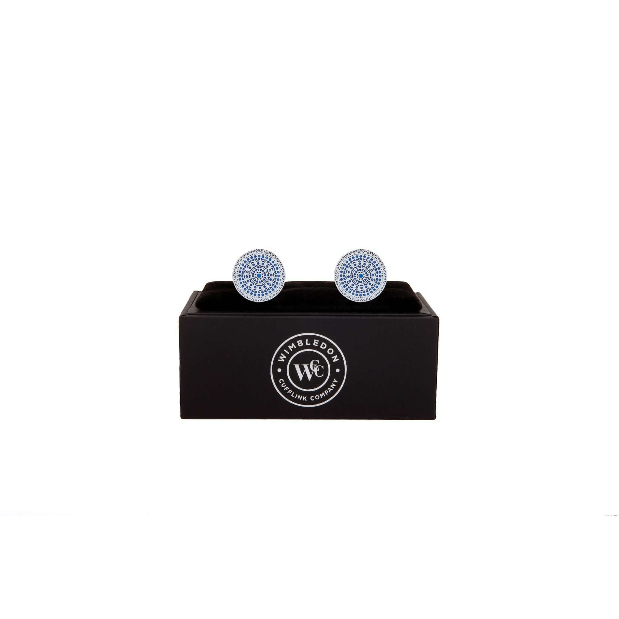 Sky blue and silver Rose of Notre Dame cufflinks inspired by gothic architectural windows of Notre Dame Cathedral, displayed on black box.