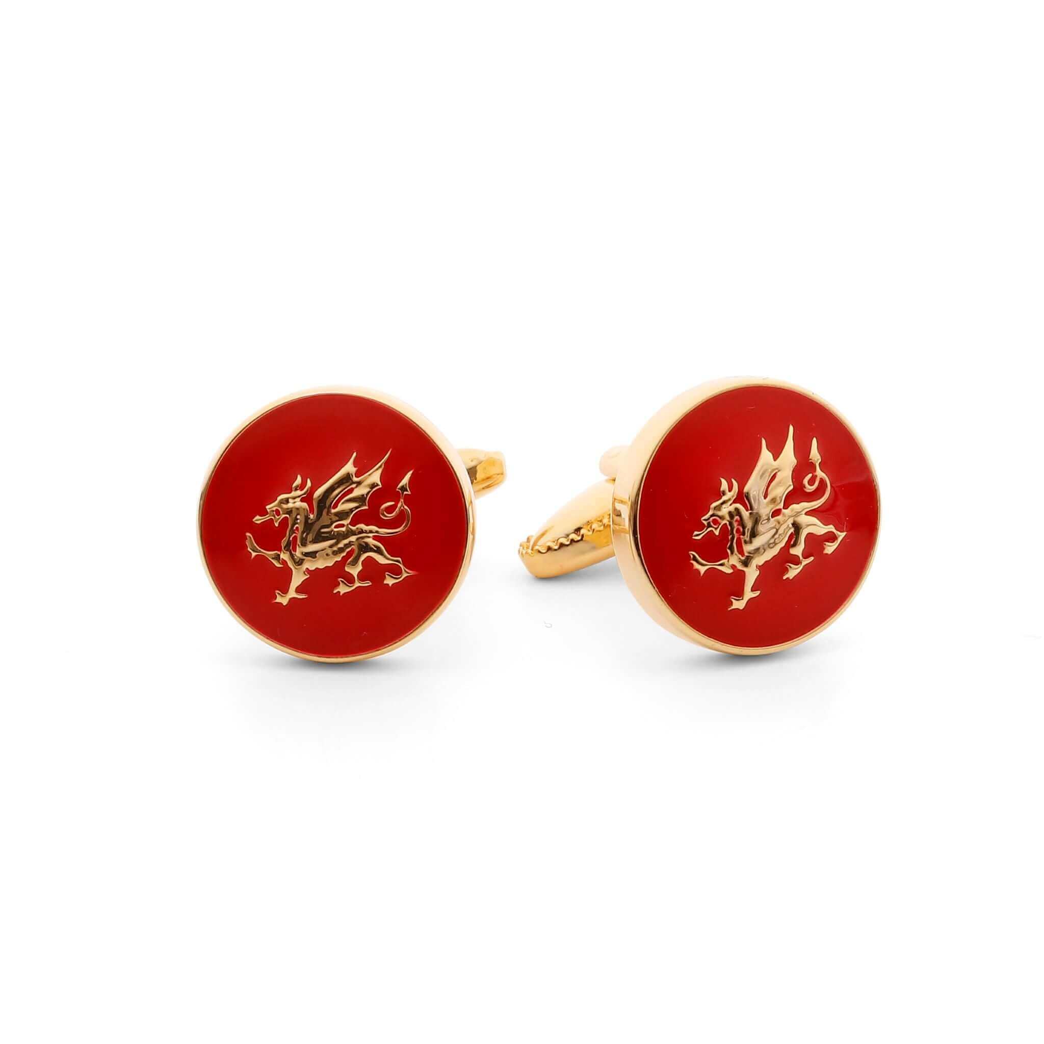 The Welsh Dragon gold cufflinks with red background, symbolizing Wales' national emblem and heritage.