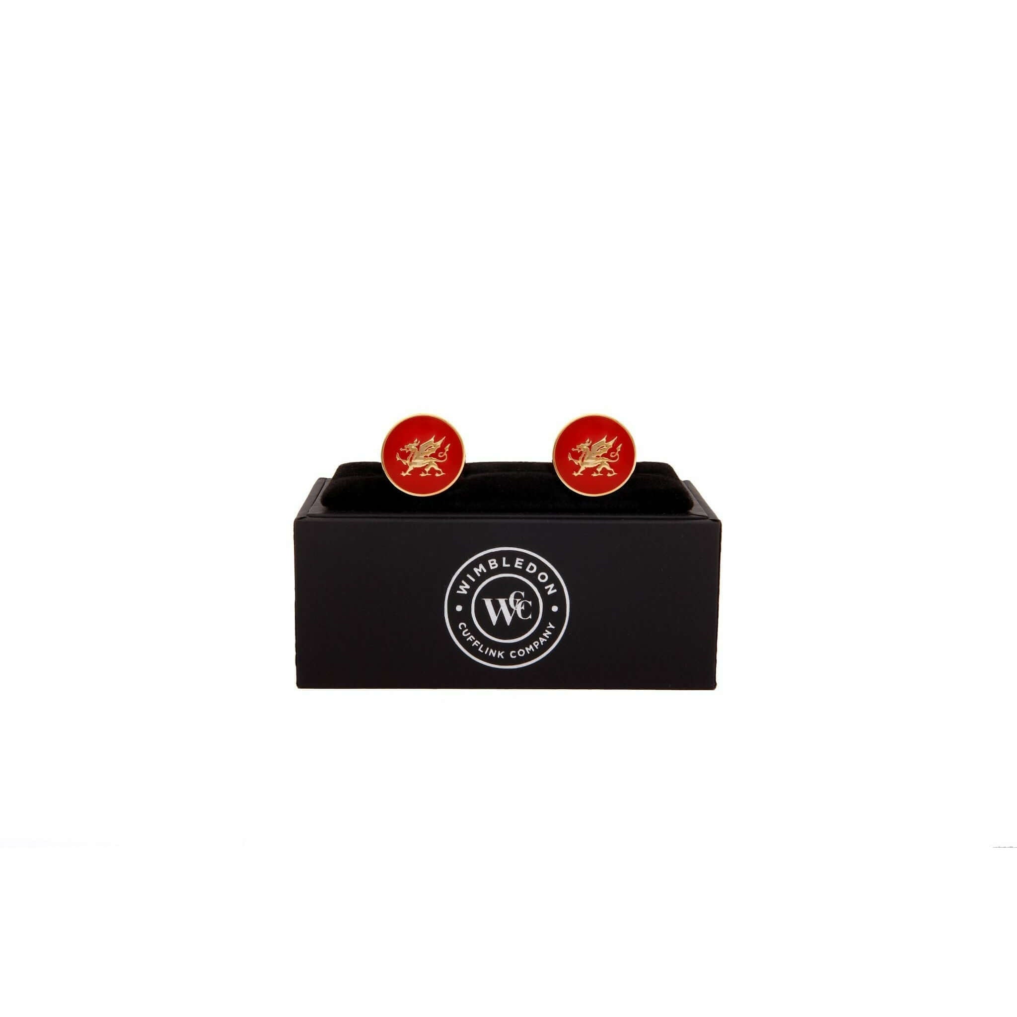 Gold Welsh Dragon cufflinks on red background displayed in black box