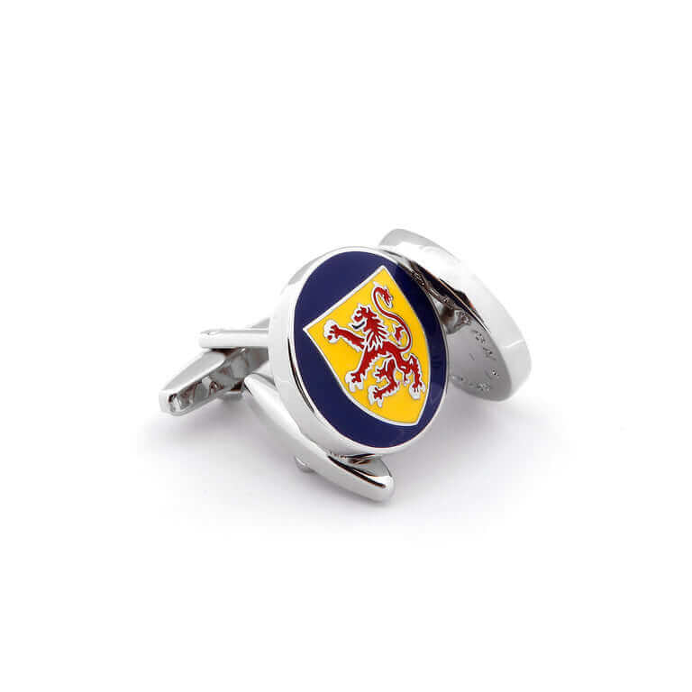 Scottish Shield Silver Cufflinks with Royal Banner of Scotland Lion Rampant on a yellow background, modern and elegant design.