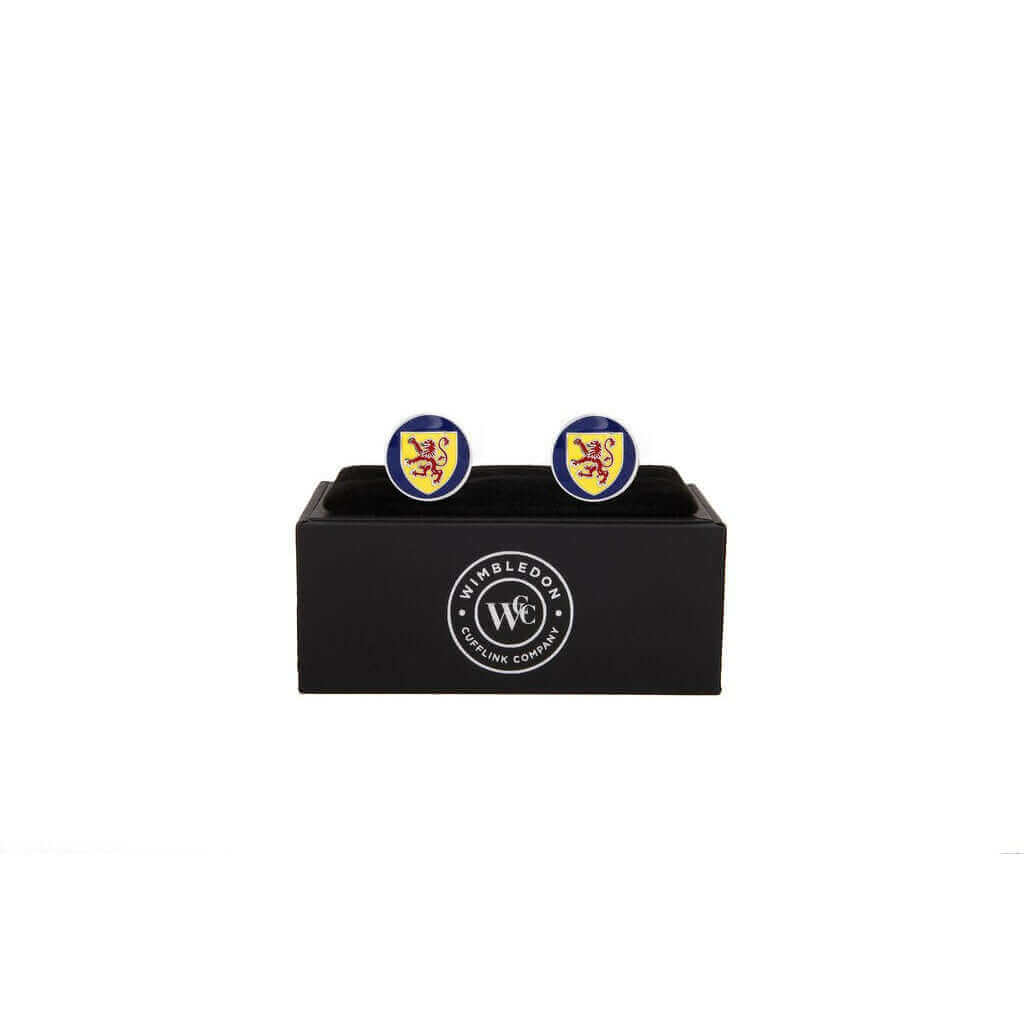 Scottish Shield Silver Cufflinks with Lion Rampant emblem displayed in black presentation box.
