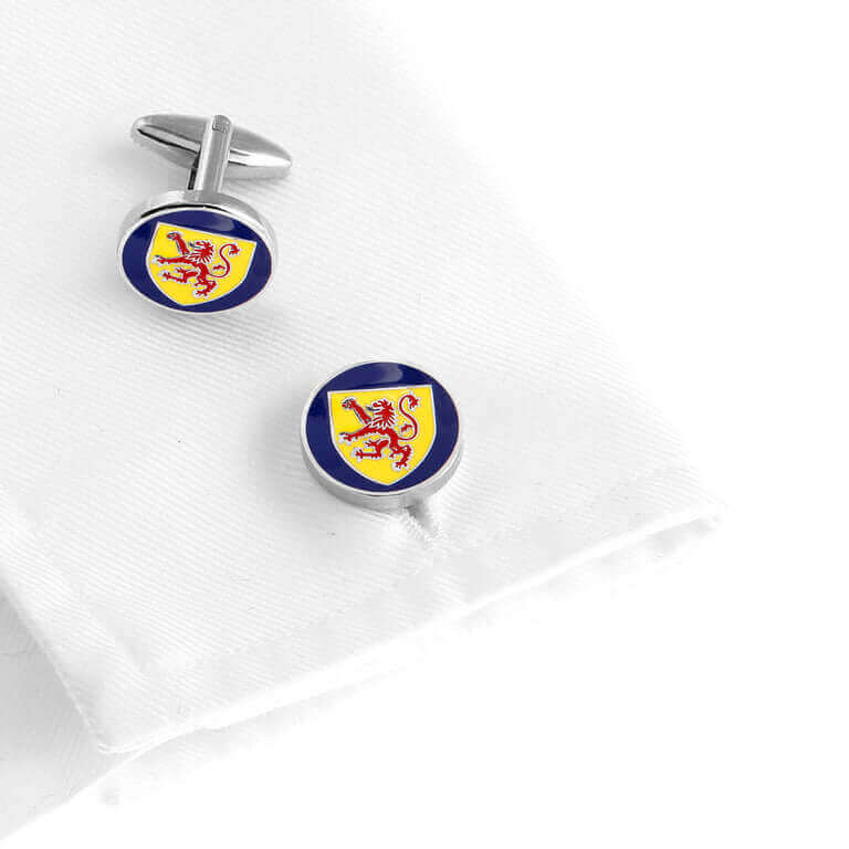 Scottish Shield silver cufflinks featuring the Lion Rampant on a white shirt cuff, adding elegance and tradition to any ensemble.