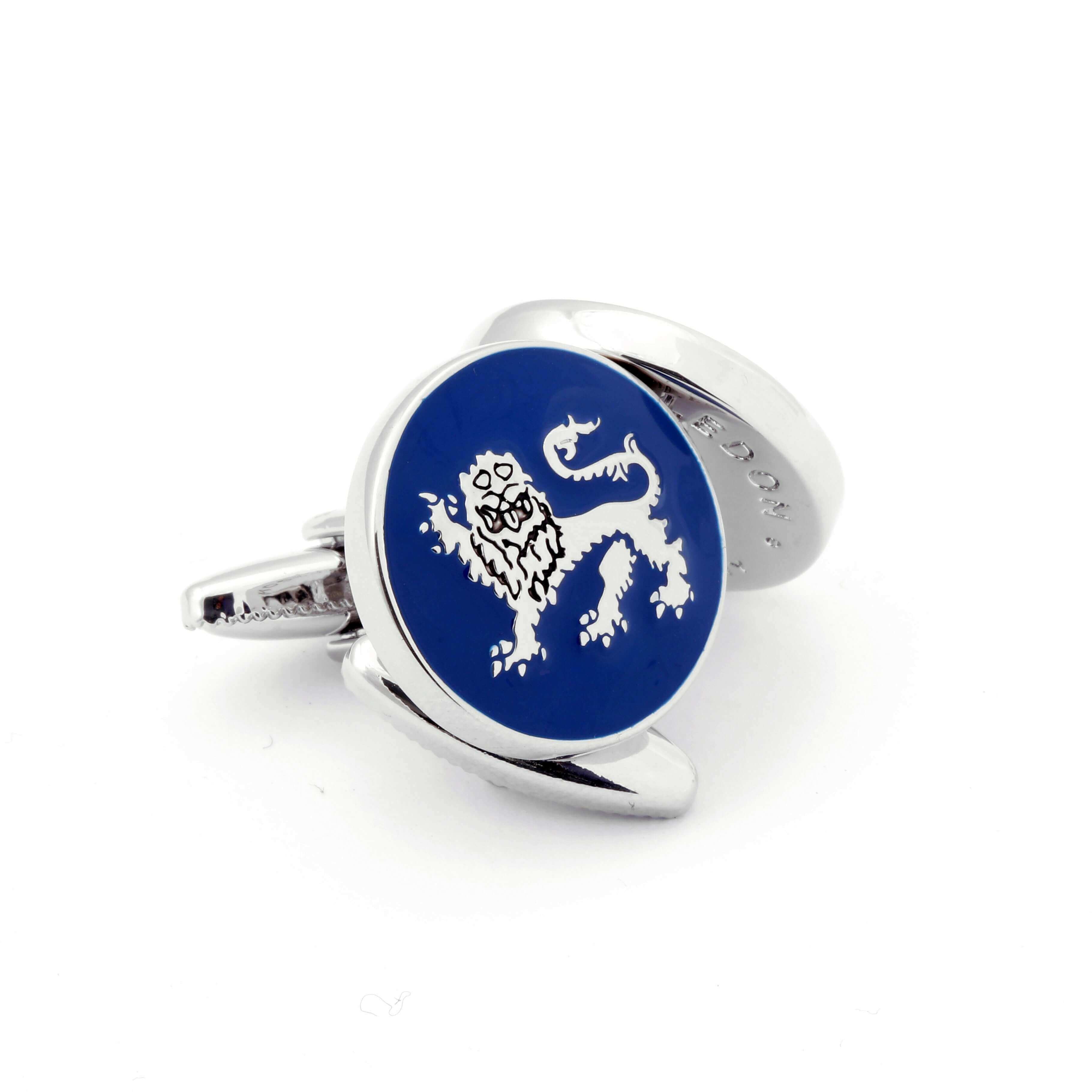 The English Leopard Gold Cufflink featuring a white lion rampant on a blue enamel background.