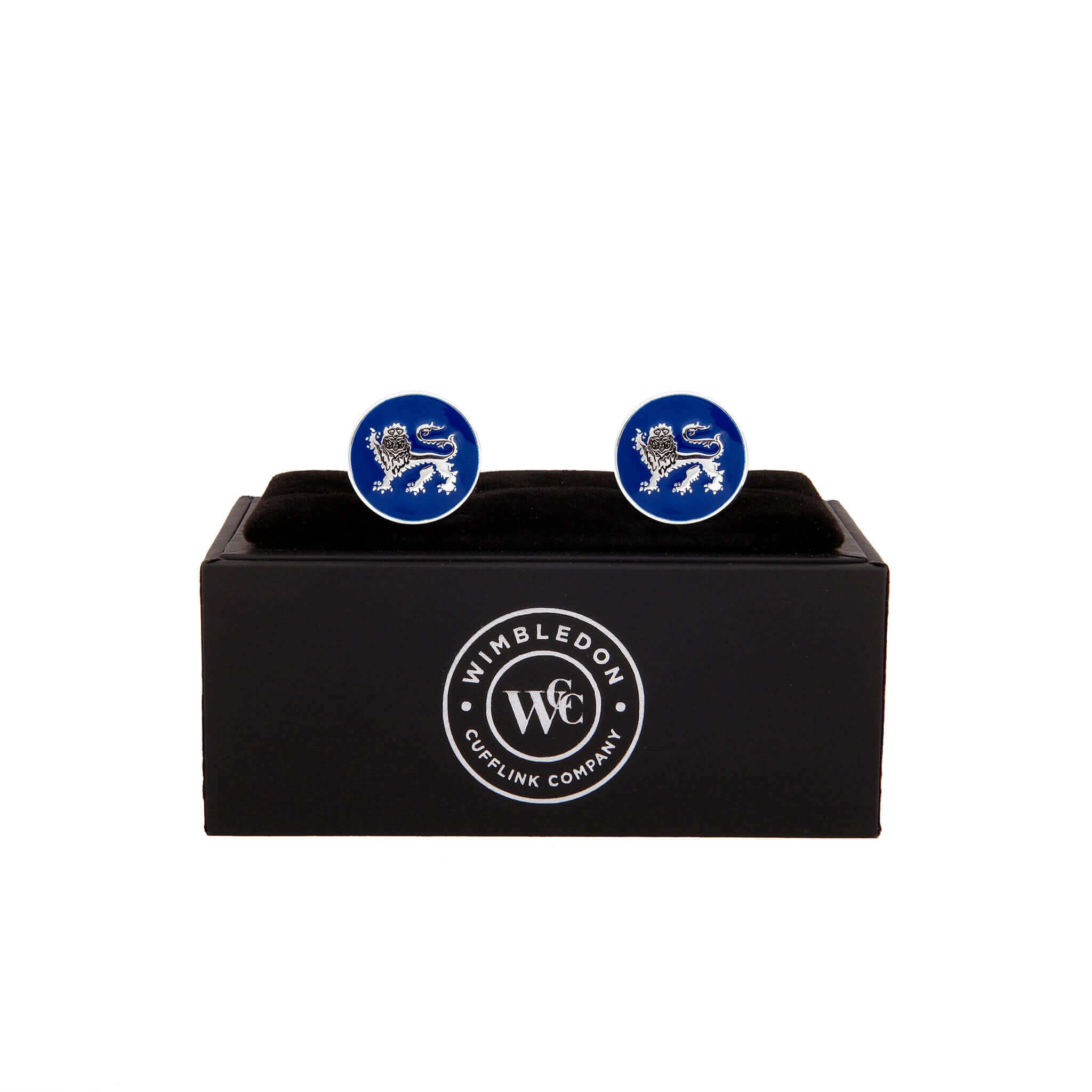 The English Leopard Gold Cufflink with blue design featuring a passant guardant leopard, displayed in a black Wimbledon Cufflink Company box.