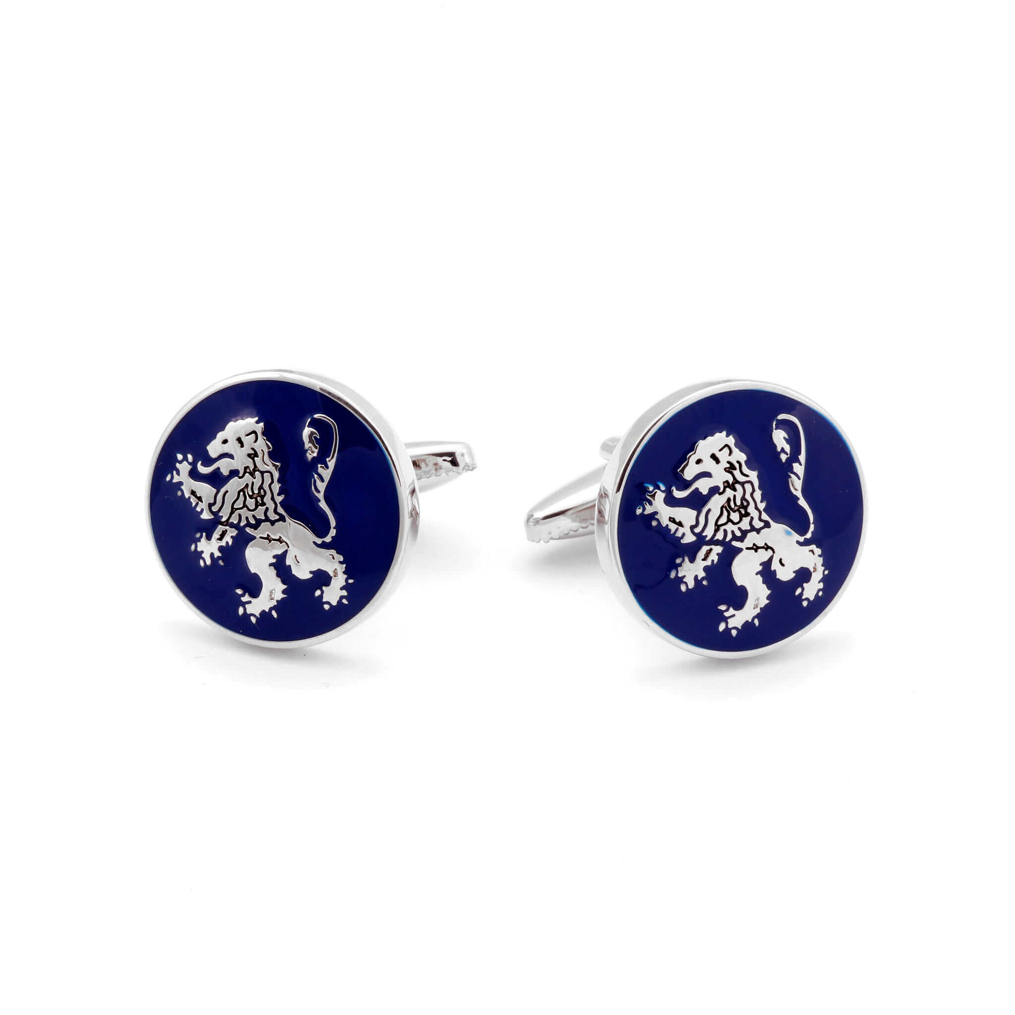 The English Lion Cufflink featuring heraldic lion design symbolizing English royalty and nobility on a blue background.