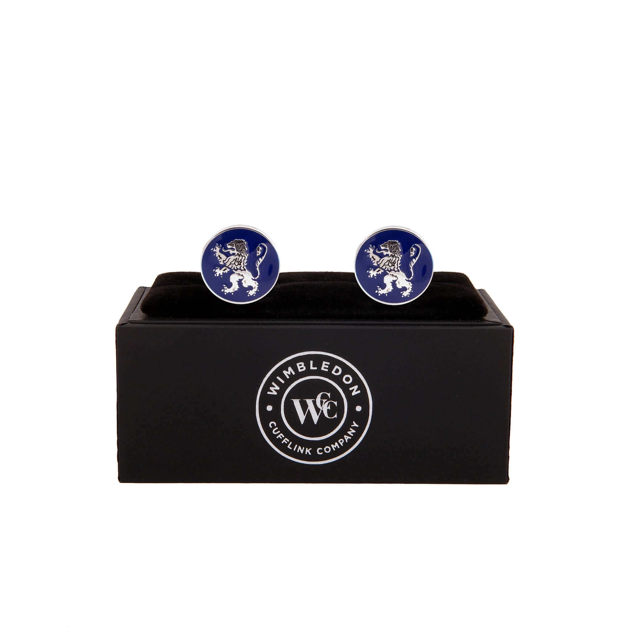 The English Lion Cufflink on display, featuring a heraldic lion symbolizing English royalty, presented in a black box by Wimbledon Cufflink Company.
