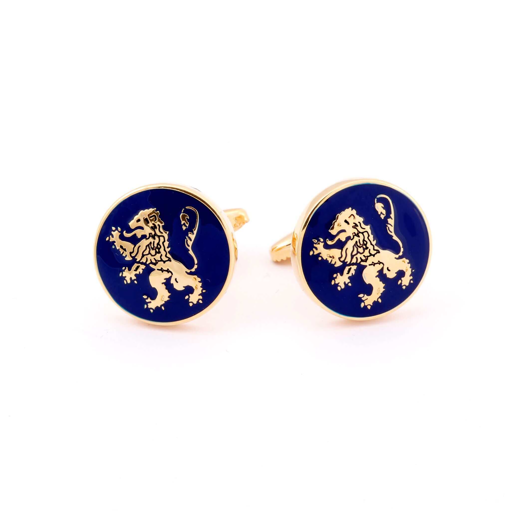 Gold English Lion Cufflinks with royal blue background, featuring heraldic lion standing on hind legs, symbolizing status and nobility.
