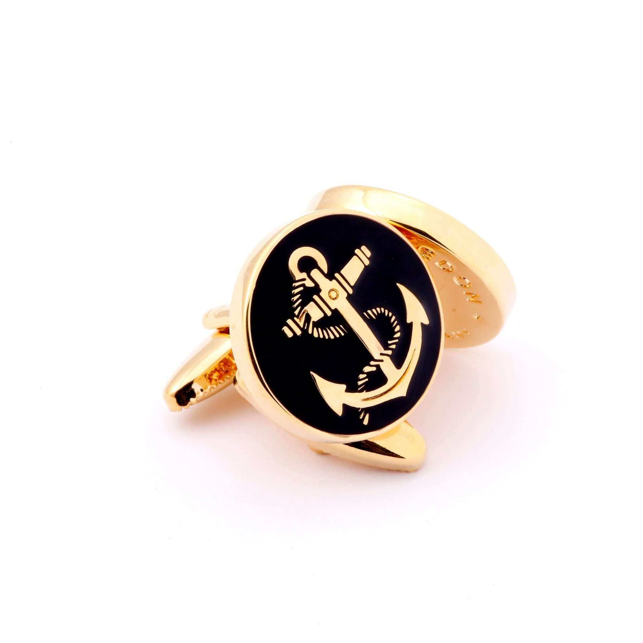 The Ships Anchor Gold Cufflinks II featuring a black and gold anchor design symbolizing safety and endurance