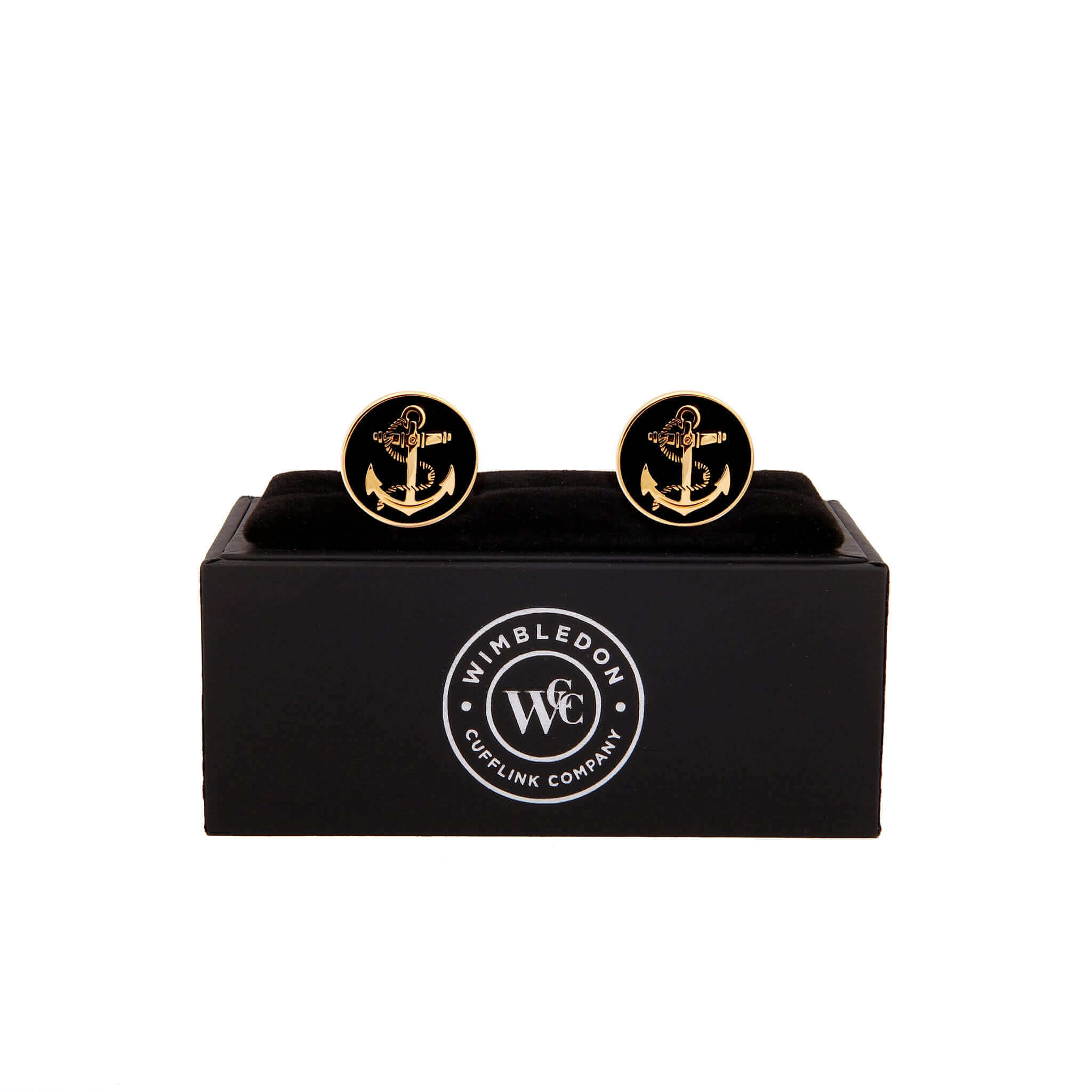 The Ships Anchor Gold Cufflinks II displayed in a black box, representing safety and endurance with a traditional nautical design.