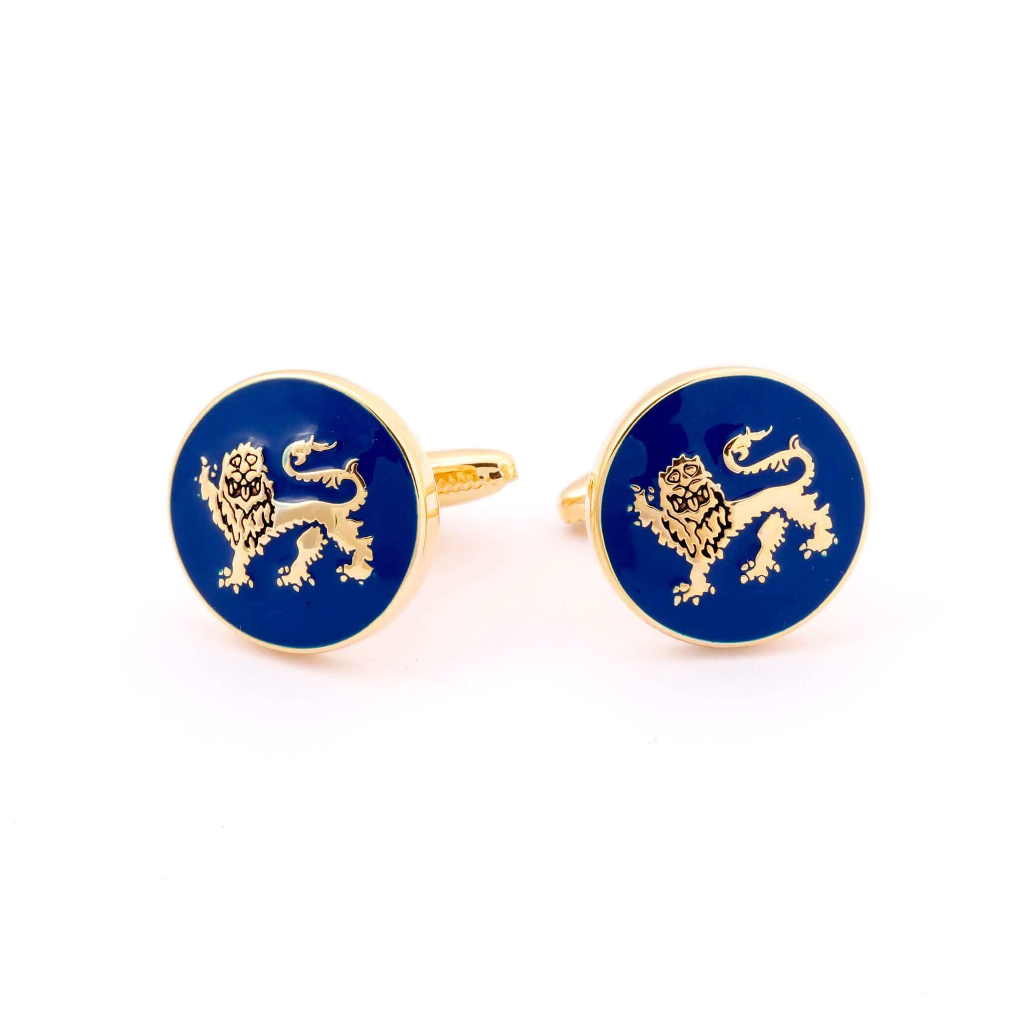 The English Leopard Gold Cufflink with blue enamel featuring passant guardant lion design, symbolizing British heritage and royalty.