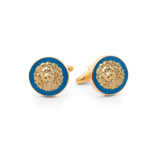 Golden Lion Cufflinks with blue enamel background, symbolizing power, dignity, courage, and nobility.