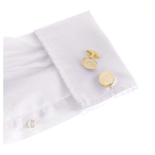 White and gold Big Ben Cufflink displayed on a white shirt, showcasing London’s iconic history with elegant design and precision.
