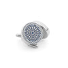 Sky blue and silver cufflink inspired by the circular gothic windows of Notre Dame Cathedral, featuring intricate rose window design.