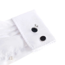 Black tie 925 sterling silver cufflinks on white dress shirt for sophisticated black tie event