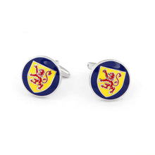Scottish Shield Silver Cufflinks with Lion Rampant design in yellow and blue background.