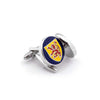Scottish Shield Silver Cufflinks with Royal Banner of Scotland Lion Rampant on a yellow background, modern and elegant design.
