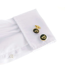 Irish Harp gold cufflinks on white dress shirt symbolizing Irish heritage and pride.
