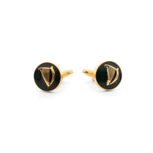 Gold Irish harp cufflinks representing Irish heritage and nationalism displayed on a white background.