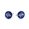 The English Leopard Gold Cufflink with historic lion depiction on blue background