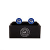 The English Leopard Gold Cufflink with blue design featuring a passant guardant leopard, displayed in a black Wimbledon Cufflink Company box.