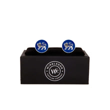 The English Leopard Gold Cufflink with blue design featuring a passant guardant leopard, displayed in a black Wimbledon Cufflink Company box.