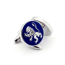 The English Lion Cufflink depicting a regal lion in a battle-ready stance on a blue enamel background, symbolizing English royalty and nobility.