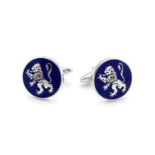 The English Lion Cufflink featuring heraldic lion design symbolizing English royalty and nobility on a blue background.