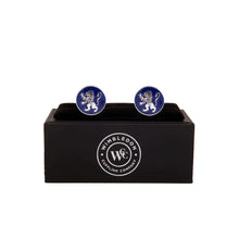 The English Lion Cufflink on display, featuring a heraldic lion symbolizing English royalty, presented in a black box by Wimbledon Cufflink Company.