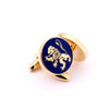 The English Lion Cufflink featuring a gold lion in a domineering stance on a blue enamel background, symbolizing English royalty.