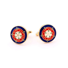 Tudor Rose Gold Cufflinks with red and white rose design symbolizing English heritage and unity.