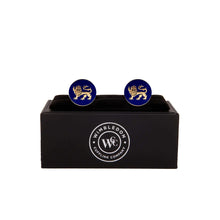 The English Leopard Gold Cufflink with royal passant guardant design displayed on black box