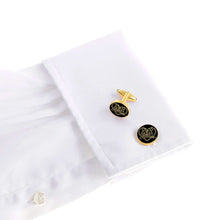 The Love Bird Gold Cufflinks on white shirt sleeve for Valentine's gift showing elegant and sophisticated design.